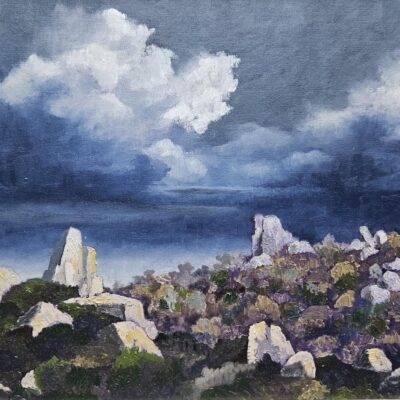 'Ominous Africa' - This painting captures two features of Southern African landscape that are dear to me - unique rock outcrops and cloud formations that embody both promise and threat simultaneously.