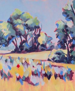 Challoner Spokes: A colourful painting of landscape with trees and golden fields