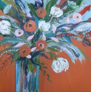 Elaine Allender: Orange Fizz, acrylic on canvas, 48cm x 48cm, £180