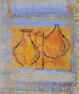 Gillian Skyte: Orange vases     Mixed media on canvas       40cmx50cm     £50