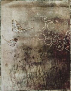 Catherine Rye: The Levels - Whole cloth print of reeds and butterflies with Jacobean style embroidery, machine and hand embroidery