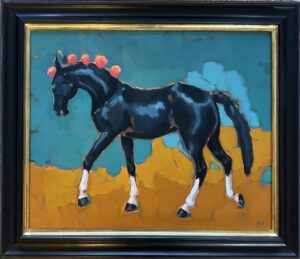 Rose Osborn: 'Palace Marwari' Oil Painting, Black Horse on Ochre and Viridian Green