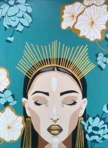 Tania Humphrey: Peace Queen is part of a new series of stylised fashion-inspired works. While maintaining a bold and vibrant aesthetic, this series explores the use of full colour alongside abstract background compositions. This piece presents a serene figure, rendered in calming tones that evoke a sense of meditation and inner stillness. Accents of rich gold highlight her crown and jewellery, reinforcing a quiet confidence and a sense of being fully present within her own space. The piece is painted on a 45x60cms canvas. Peace Queen is unframed but ready to hang and available to buy. £300.00.