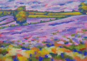 Challoner Spokes: Colourful landscape painting of fields of purple Phacelia plants and a tree in the distance