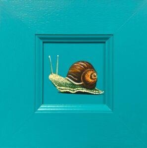Melanie Charles: Phylis garden snail acrylic on board