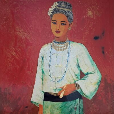 Burmese Lady with cheroot (early 20th century). Lacquer paint and silver leaf. 22 x 25 cm