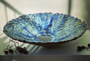 Sally Dorrity WOA: platter, stoneware clay, cobalt glazes, recycled blue glass
