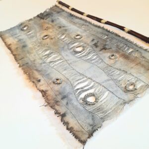 Carol Harvey: 'Pool Meadow', waxed and naturally-dyed linen with grommets and pulled threads, 42cm x 24cm, £600