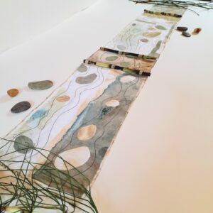 Carol Harvey: 'POOL MEADOW STONES & STREAM ', 20cm x 93cm, naturally-dyed fabric and collage papers, reeds, £300