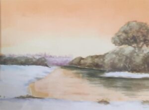 Jennie Fairweather: Port Meadow in the Winter: watercolour on paper, mount and framed