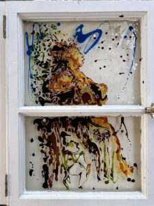Sue Eves SOA: Portrait of Echo. Vitrail transparent paint on wood frame window, discarded from former General Elliott pub, South Hinksey. Oxford. UK