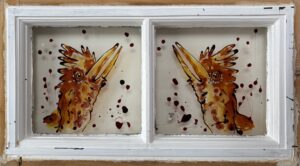 Sue Eves SOA: Portrait of Iynx as a bird. Daughter of Echo. Vitrail transparent paint on wood frame window, discarded from former General Elliott pub, South Hinksey. Oxford. UK
