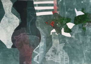 Jane Strother OAS: Red Poppy, Venetian Blind, pieced monoprint, oil on paper