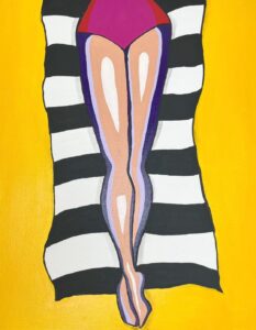 Tania Humphrey: Relax 2 is a piece from the Body Parts series. It's a bold, contemporary depiction of a girl on the beach, she's lying on a towel in her swimsuit, sunbathing. As only her legs are showing its for the viewer to decide what else she's doing. Perhaps she's asleep or reading a book. Relax 2 is painted using acrylics on a 50x40cms canvas. The piece is unframed but ready to hang and available to buy. £250.00.