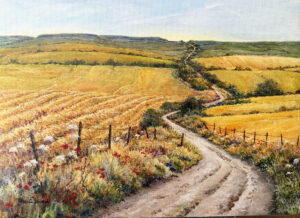 Jill Smith: Ridgeway Path Facing Uffington Hill Fort, oil, 35.5cm(w) x 25.4cm(h) plus frame