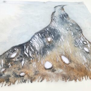 Carol Harvey: 'SACRED STREAM ', 44cm x 50cm, naturally-dyed and waxed linen, pulled threads, grommets, £900