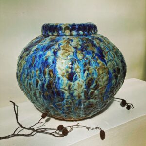 Sally Dorrity WOA: moonjar, stoneware clay, cobalt glazes, recycled blue glass
