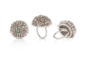 Sarah Pulvertaft: Sarah Pulvertaft Meadow ring, silver, sapphires, diamonds & emeralds