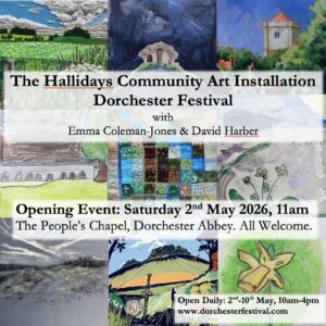 Community Art installation, Dorchester Festival: Installation Opening Event. Card featuring work from school children and from a variety of artists within the community
