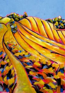 Challoner Spokes: Colourful landscape painting with a grassy path winding up a yellow hill