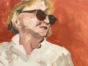 Penny Astrop: Self portrait, Copenhagen, oil on board, 42cms x 30cms, unframed. £200