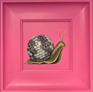 Melanie Charles: Sharon the disco snail acrylic on board