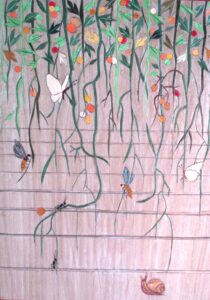 Gabriella Blakey OCG: Gabriella Blakey  'Spring Cascade' - Marquetry: Coloured veneer inlaid wood panel