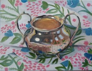 Catherine Pumphrey: Painting of a silver sugar bowl on a patterned cloth