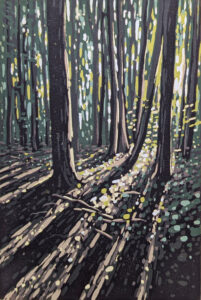 Alexandra Buckle: Summer Woodland Sun linocut by Alexandra Buckle