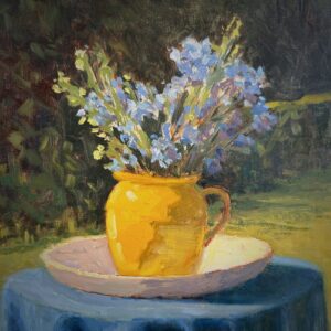 Caroline Vivian: Wild Flowers in Yellow Vase, Oil on board (27 x 27cm)