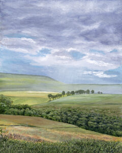 Jane Peart OAS, OPC: 'Sun breaking through the clouds' acrylic painting. A rainy day over the fields