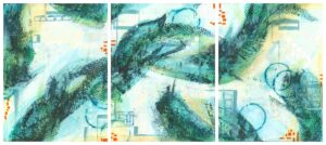 Louise Brook: Surfacing: An abstract mixed media triptych by Louise Brook. Inspired by the natural force of the oceans.