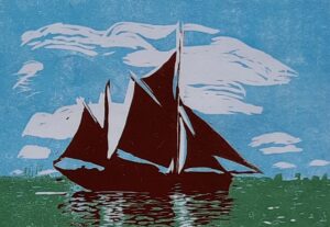 Patsy Jones: Thanes Barge reduction lino cut