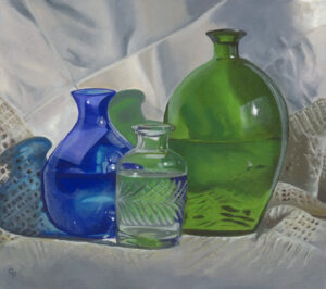 Catherine Pumphrey: Painting of three vases against a crocheted linen cloth