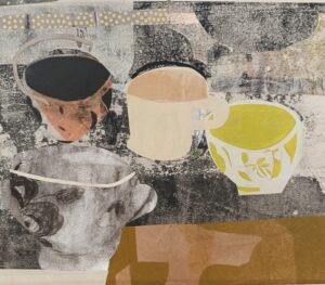 Jane Strother OAS: The Table with Yellow Cup, pieced monoprint, oil on paper