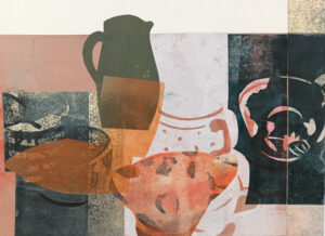Jane Strother OAS: The Table with Pink Dots, pieced monoprint, oil on paper