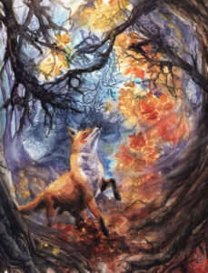 Sarah Miles: 'The Warning Above' - capturing the magic and mystery of woodlands, with swirling autumn leaves and flecks of gold leaf.