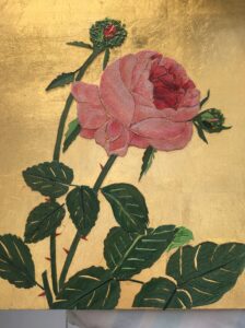 Gabriella Blakey OCG: Gabriella Blakey  'Rose Chapeaux de Napoleon' - Marquetry: Coloured veneer inlaid wood panel