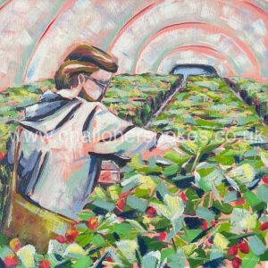 Challoner Spokes: A painting of a young man picking strawberries in a polytunnel.