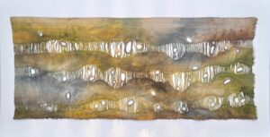 Carol Harvey: 'TRICKLING FOREST STREAM', 36cm x 86cm, naturally-dyed and waxed linen, pulled threads, grommets and dried reed, £1800