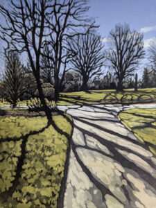 Alexandra Buckle: Waterperry Shadows linocut by Alexandra Buckle