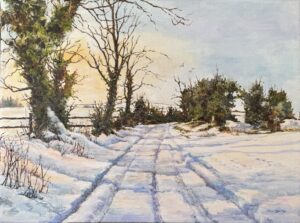 Jill Smith: Winter Sun and Shadows on the Ridgeway, oil, 40.5cm(w) x 30.3cm(h) plus frame