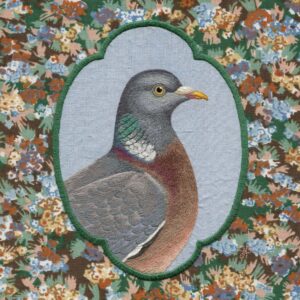 Yvette Phillips OAS: Wood Pigeon, hand embroidery on vintage silk and vintage Liberty cotton