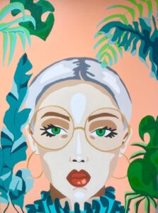 Tania Humphrey: Working from Home is part of a new series of stylised fashion-inspired works. While maintaining a bold and vibrant aesthetic, this series explores the use of full colour alongside more abstract background compositions. This piece depicts a figure in work attire, surrounded by lush foliage inspired by an abundance of houseplants, blending themes of domestic life and personal style. The piece is painted on a 45x60cms canvas. Working From Home is unframed but ready to hang and available to buy. £300.00.