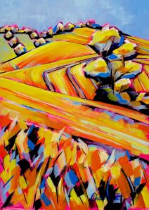 Challoner Spokes: Landscape painting with a colourful grassy hill zig-zagging towards the viewer