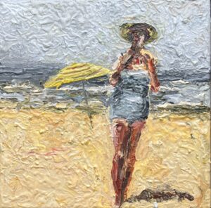 Howard Aspden: Blue Figure on the Beach. Oil on Canvas