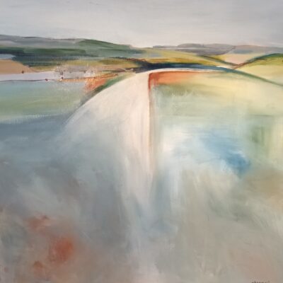 Landscape painting 90x90cms acrylic on canvas, pale distant hills and pale blue foreground.