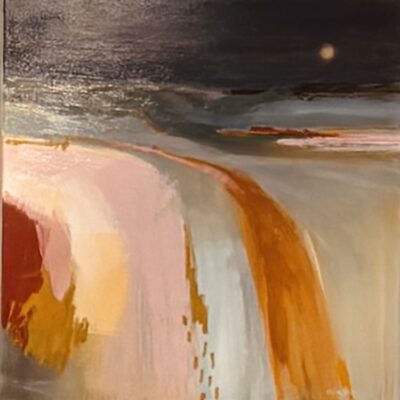 Landscape painting 70x70cms acrylic on canvas , Dark sky with pink moon and pink foreground.
