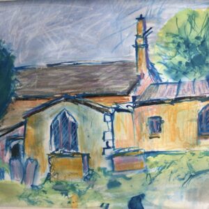 Sue Hill WOA: Kelmscott Church. Ink on a stick and mixed media