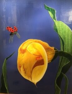 Gabriella Blakey OCG: Gabriella Blakey  'The Lily and the Ladybird' - Marquetry: Coloured veneer inlaid wood panel